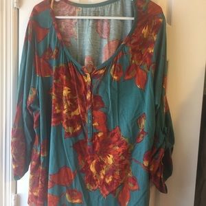 Sonoma 2X teal floral print scoop neck top, long sleeves convert to 3/4